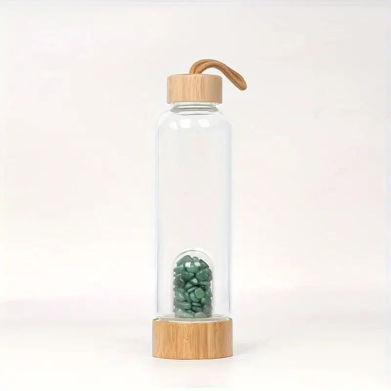 Bouteille en Verre avec Pierres d'Aventurine Verte et Bouchon en Bambou - Harmonie et Énergie Positive