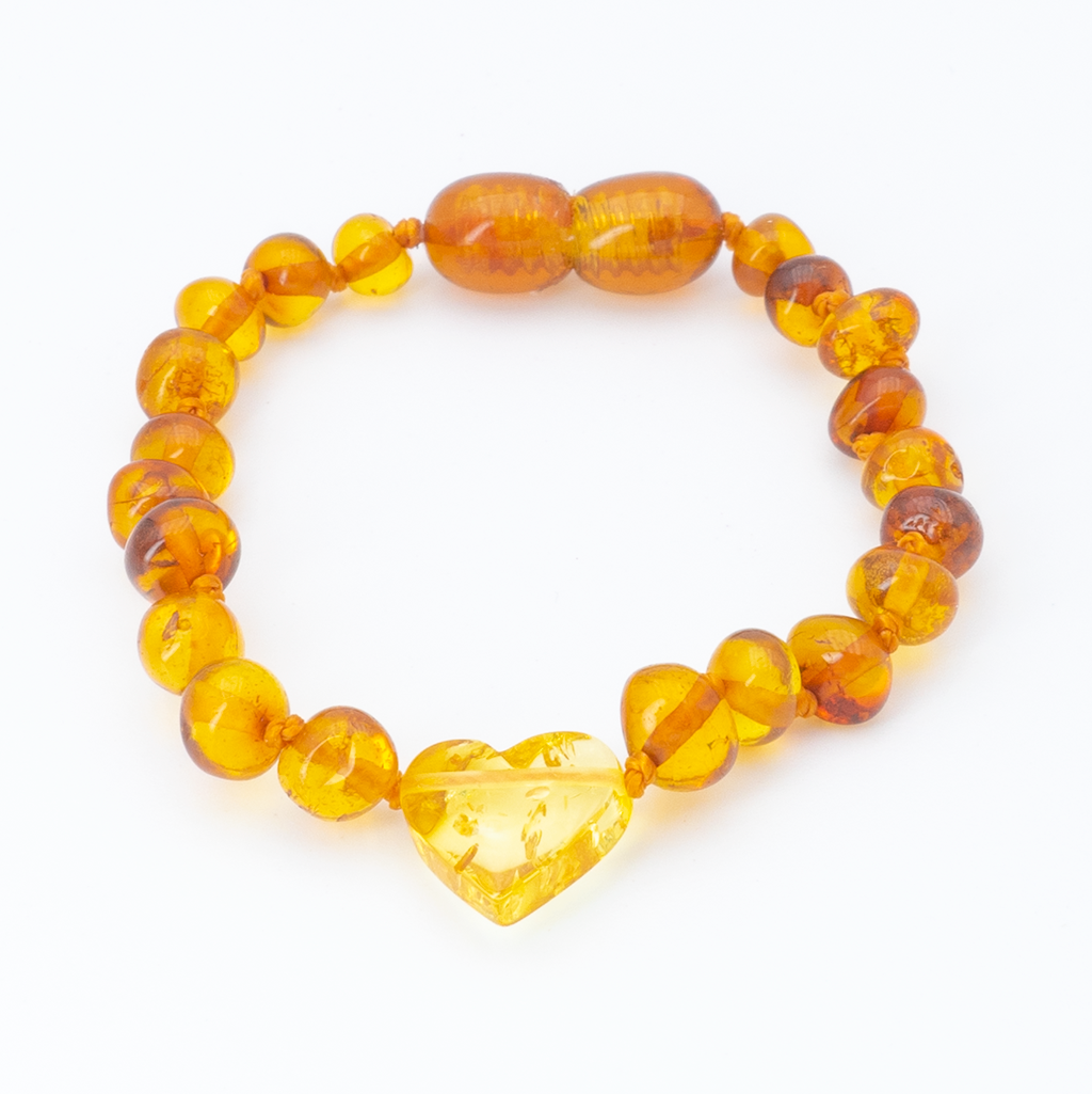 Bracelet d'Ambre pour Bébé avec Coeur Couleur Citron – Perles Cognac, Naturel et Authentique - Gemio.ch