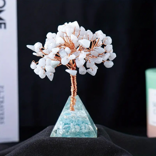 Arbre en Aigue-Marine avec Base en Pyramide d'Orgone - Sérénité et Communication