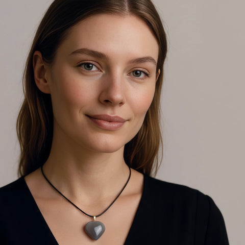 Grand Pendentif Cœur en Quartz Gris-Bleu (13g) - Fait Main au Brésil