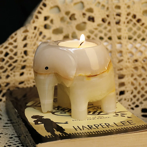 Teelichthalter Elefant aus weißem Onyx