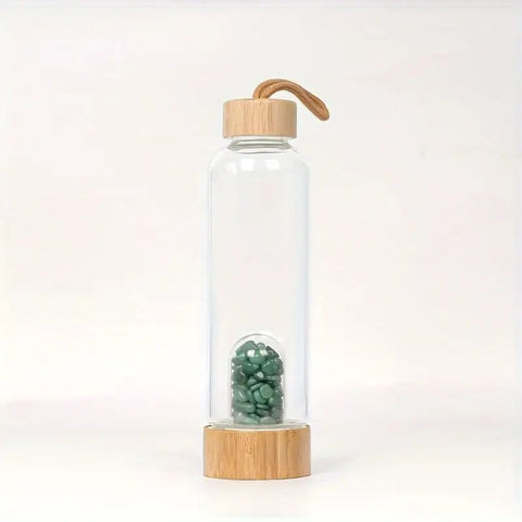 Bouteille en Verre avec Pierres d'Aventurine Verte et Bouchon en Bambou - Harmonie et Énergie Positive