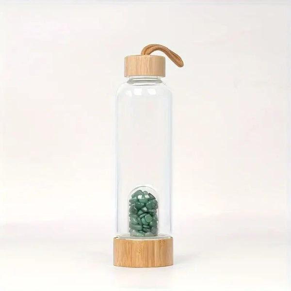 Bouteille en Verre avec Pierres d'Aventurine Verte et Bouchon en Bambou - Harmonie et Énergie Positive
