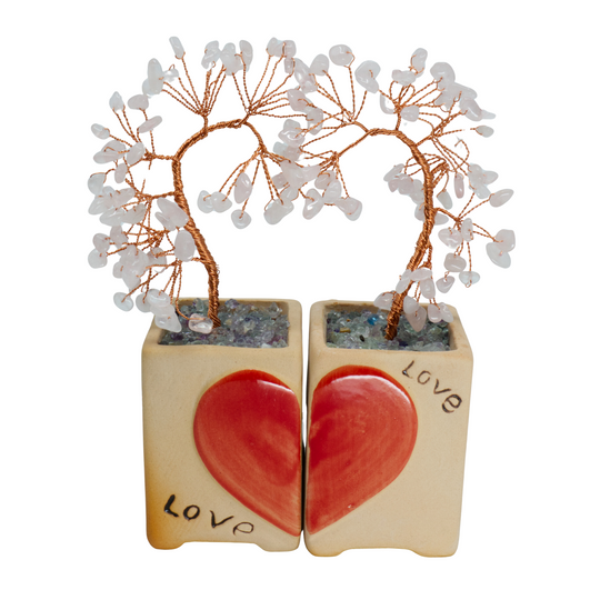 Arbre de Pierres Précieuses en Quartz Rose avec Poterie Peinte à la Main - Symbole d'Amour et d'Élégance