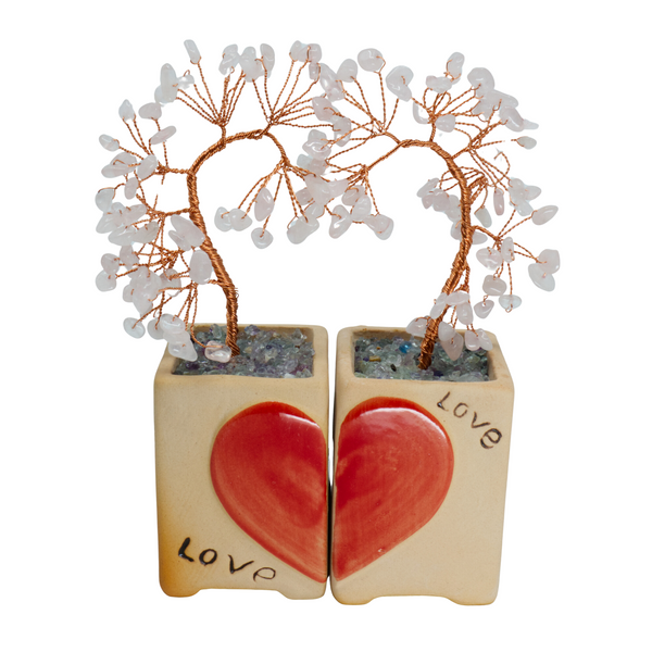 Edelsteinbaum aus Rosenquarz mit handbemalter Töpferei - Symbol für Liebe und Eleganz