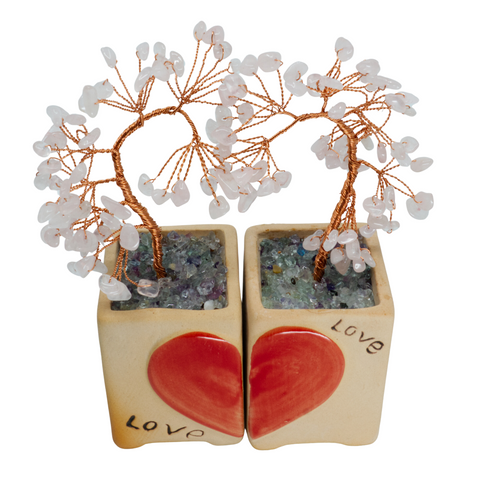 Edelsteinbaum aus Rosenquarz mit handbemalter Töpferei - Symbol für Liebe und Eleganz
