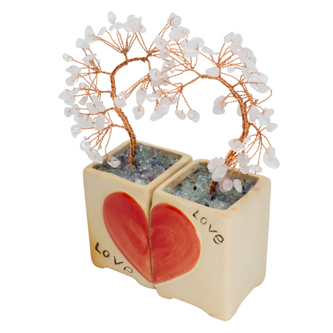 Edelsteinbaum aus Rosenquarz mit handbemalter Töpferei - Symbol für Liebe und Eleganz