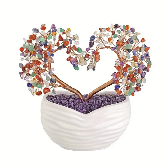 Arbre Décoratif 7 chakras en Forme de Cœur avec Vase en Terre Cuite Blanc - Équilibre et Harmonie Énergétique