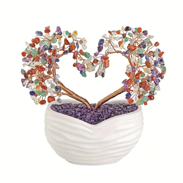Arbre Décoratif 7 chakras en Forme de Cœur avec Vase en Terre Cuite Blanc - Équilibre et Harmonie Énergétique