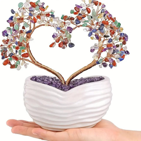 Arbre Décoratif 7 chakras en Forme de Cœur avec Vase en Terre Cuite Blanc - Équilibre et Harmonie Énergétique