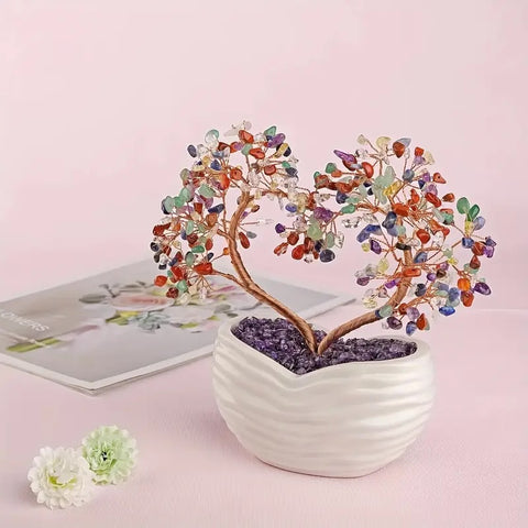 Arbre Décoratif 7 chakras en Forme de Cœur avec Vase en Terre Cuite Blanc - Équilibre et Harmonie Énergétique
