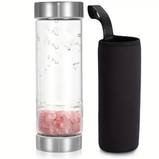 Bouteille en Verre avec Pierres de Quartz Rose - Hydratation et Énergie d'Amour