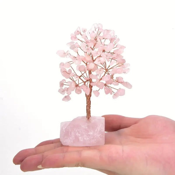 Lebensbaum aus Rosenquarz mit Blockbasis aus Rosenquarz - 14x6x6 cm - Liebe und Harmonie