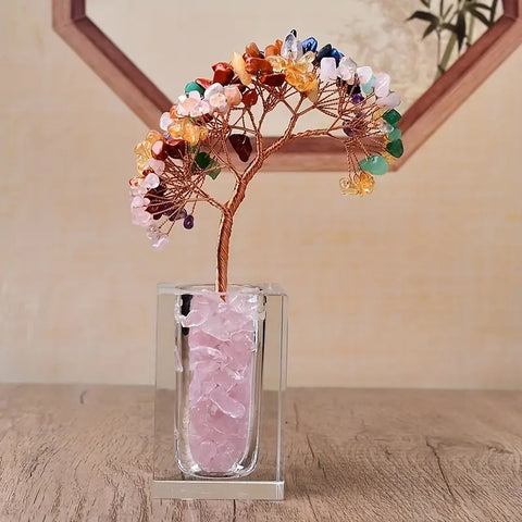 Lebensbaum 7 Chakras mit Glasblockbasis Design - 18x5x5 cm - Gleichgewicht und Energie