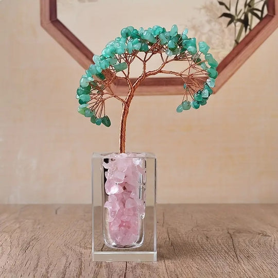 Arbre de Vie en Aventurine Verte avec Base en Bloc de Verre Design Remplie de Quartz Rose - Harmonie et Amour