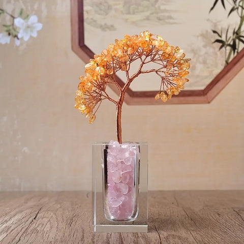 Lebensbaum aus Citrin mit Glasbasis gefüllt mit Rosenquarz - 18x5x5 cm - Energie und Liebe