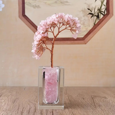 Lebensbaum aus Rosenquarz mit Glasbasis gefüllt mit Rosenquarz - 18x5x5 cm - Liebe und Gelassenheit