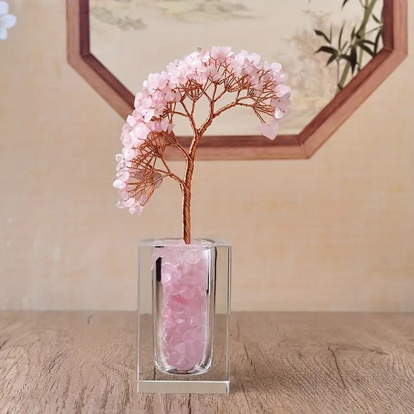 Lebensbaum aus Rosenquarz mit Glasbasis gefüllt mit Rosenquarz - 18x5x5 cm - Liebe und Gelassenheit