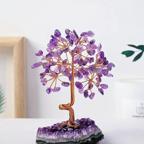Lebensbaum aus Amethyst mit Basis aus rohem Amethystblock - 15x9x6 cm - Gelassenheit und Eleganz