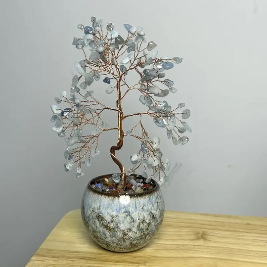 Arbre de Vie en Aigue-Marine avec Pot en Céramique Vert Style Bohème - 18x7x7 cm - Sérénité et Élégance