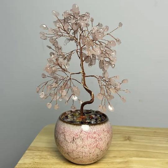 Arbre de Vie en Quartz Rose avec Pot en Céramique Rose Style Bohème - 18x7x7 cm - Amour et Élégance