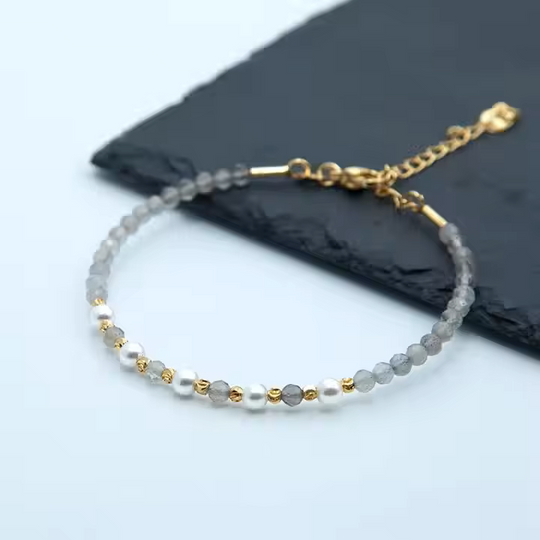 Bracelet Fin "Bouclier & Intuition" - Labradorite Grise Facettée