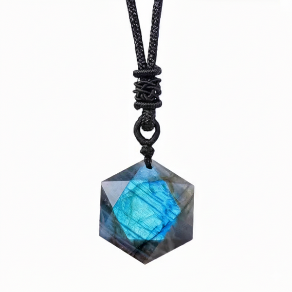 Talisman de Protection - Pendentif Labradorite Hexagonale & Cordon Tressé - Gemio.ch