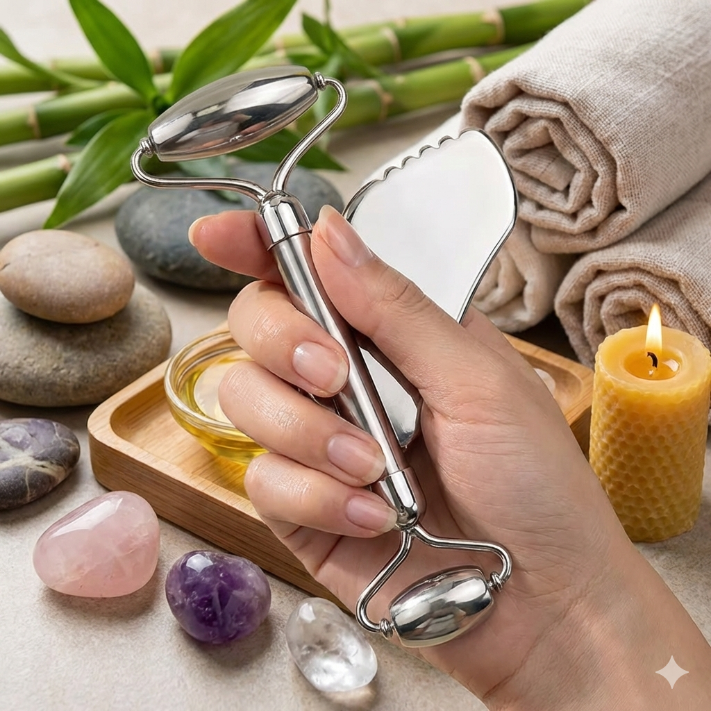 Kit de Massage Visage Maison & Voyage - Acier Inoxydable (2 Pièces) - Gemio.ch