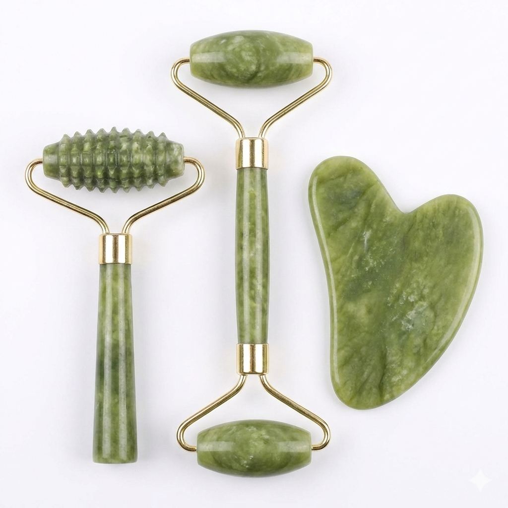 Ensemble Spa Visage & Cou en Jade (Rouleau Lisse, Picots et 2 Gua Sha) - Gemio.ch