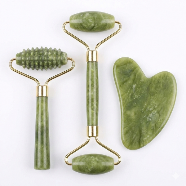 Ensemble Spa Visage & Cou en Jade (Rouleau Lisse, Picots et 2 Gua Sha) - Gemio.ch