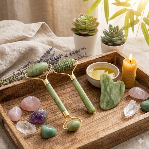 Ensemble Spa Visage & Cou en Jade (Rouleau Lisse, Picots et 2 Gua Sha)