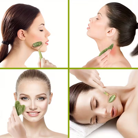 Ensemble Spa Visage & Cou en Jade (Rouleau Lisse, Picots et 2 Gua Sha)