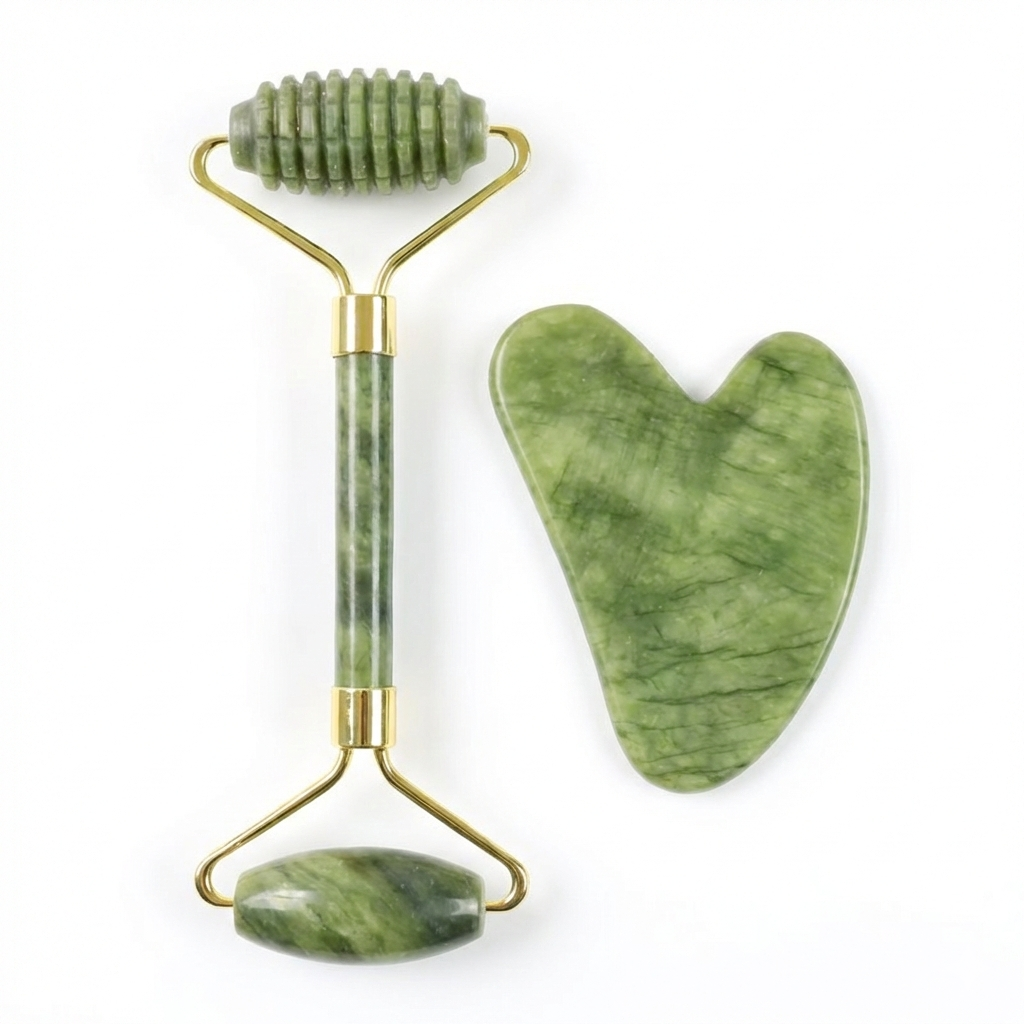Ensemble Spa Visage & Corps - Rouleau Silencieux Texturé et Gua Sha en Jade - Gemio.ch