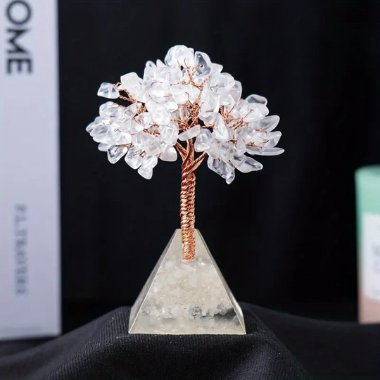 Arbre en Cristal de Roche avec Base en Pyramide d'Orgone - Pureté et Énergie Positive