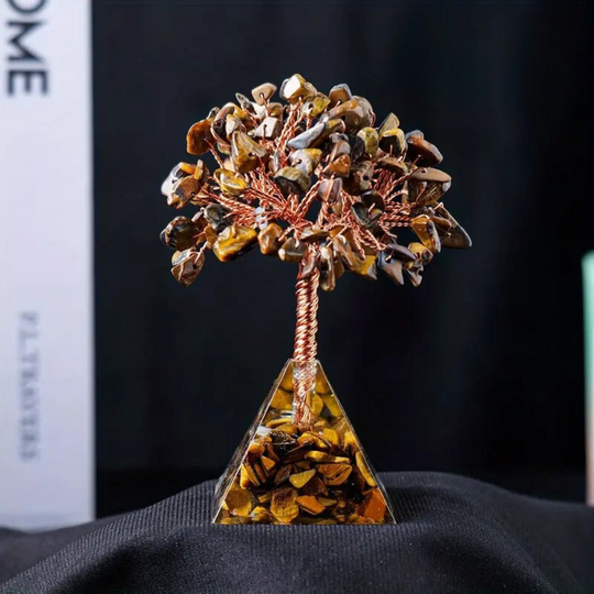 Arbre en Œil de Tigre avec Base en Pyramide d'Orgone - Protection et Confiance