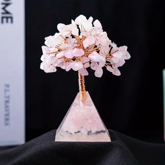 Arbre en Quartz Rose avec Base en Pyramide d'Orgone - Énergie et Élégance Artisanale