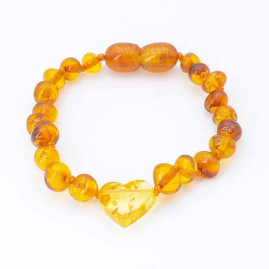 Bracelet d'Ambre pour Bébé avec Coeur Couleur Citron – Perles Cognac, Naturel et Authentique