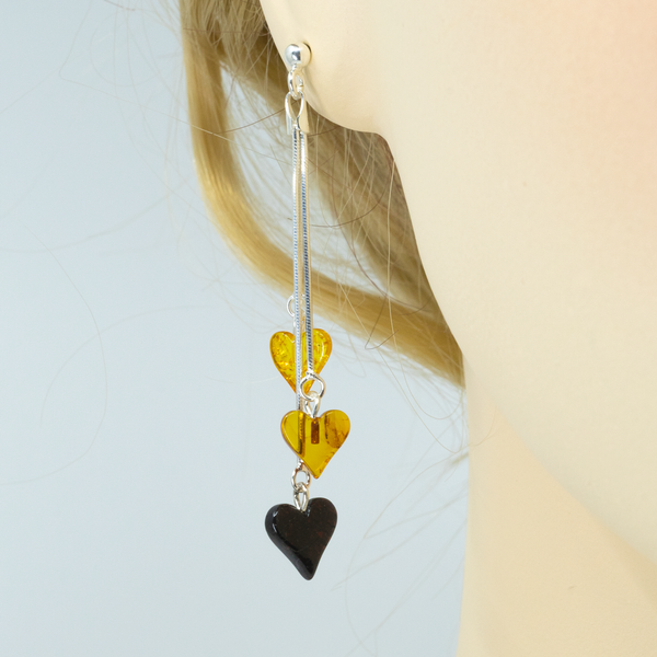 Boucles d'oreilles Ambre 3 Coeurs et Argent Sterling - 3 Couleurs - Gemio.ch