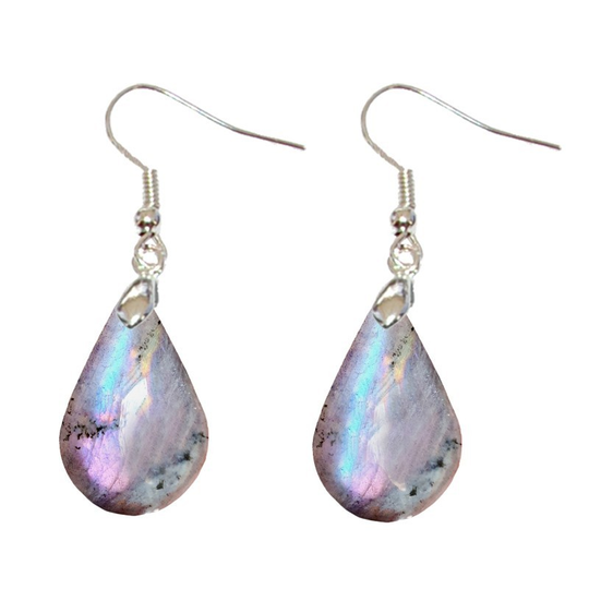 Boucles d’Oreilles Labradorite Grise Reflets Arc-en-Ciel Goutte – Protection & Rayonnement Intérieur