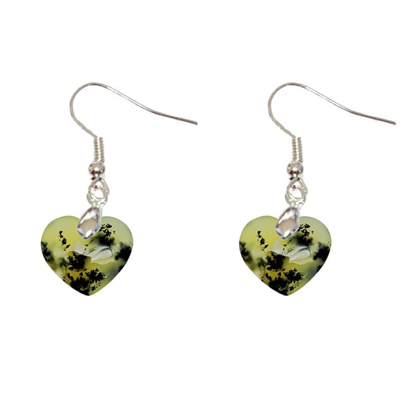 Boucles d’Oreilles Opale Dendritique Jaune (Merlinite) Cœur – Énergie et Apaisement - Gemio.ch