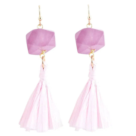 Boucle d'oreille raphia sur pierre - Quartz Violet